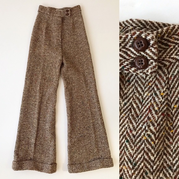 Vintage Pants - High Waisted Wide Leg Tweed Trouser Pants 70s VTG
